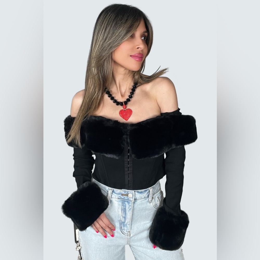 Black Faux Fur Trim Corset